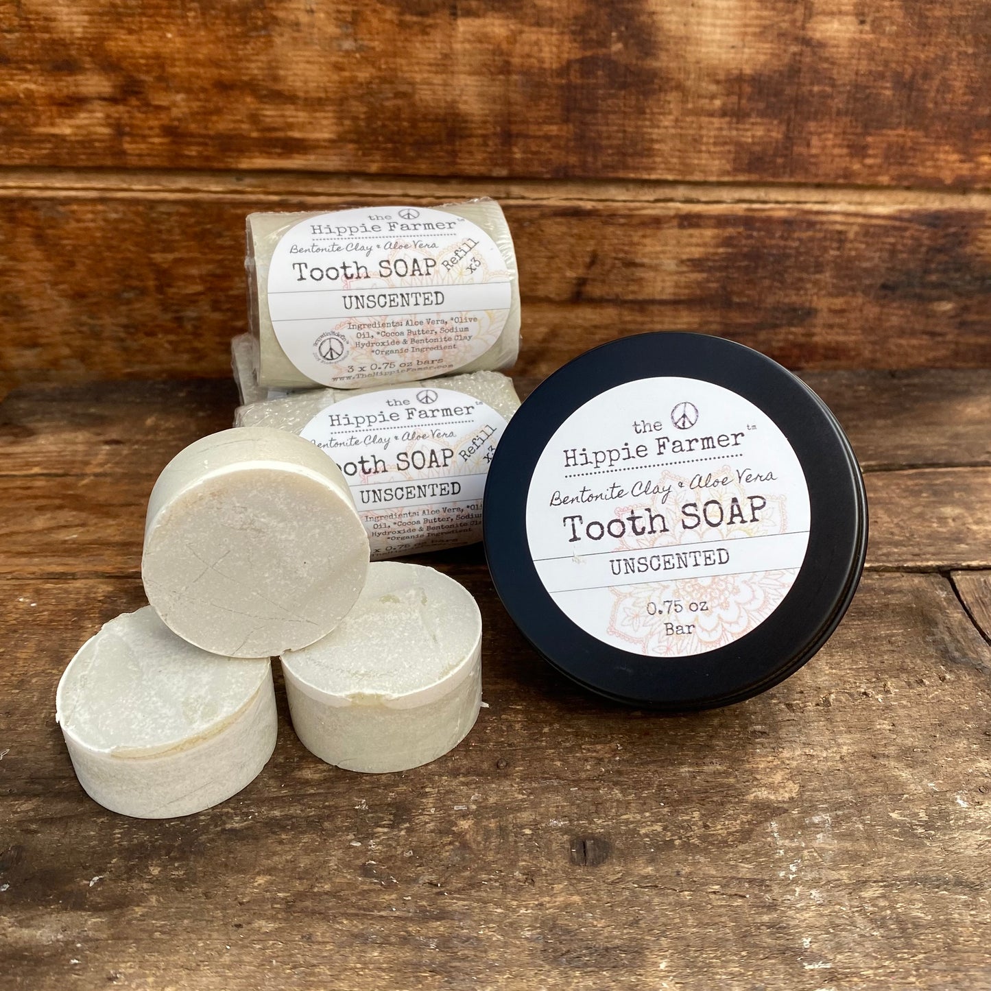 Tooth Soap - Unscented with Bentonite clay/Aloe Vera - 0.75 oz tin or 3x Refill - The Hippie Farmer