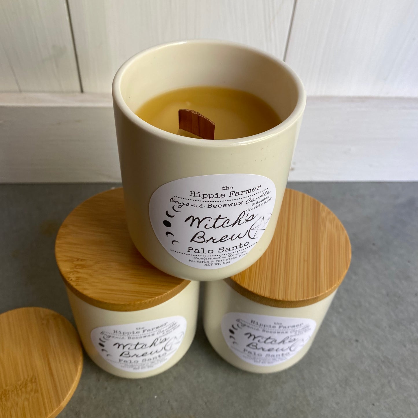 Organic Beeswax Candles with Wooden Crackle Wick - Witch’s Brew (Palo Santo) - The Hippie Farmer