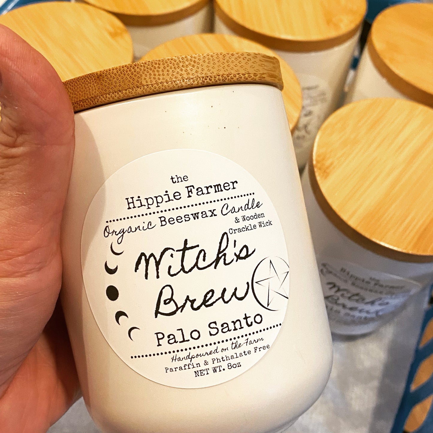 Organic Beeswax Candles with Wooden Crackle Wick - Witch’s Brew (Palo Santo) - The Hippie Farmer