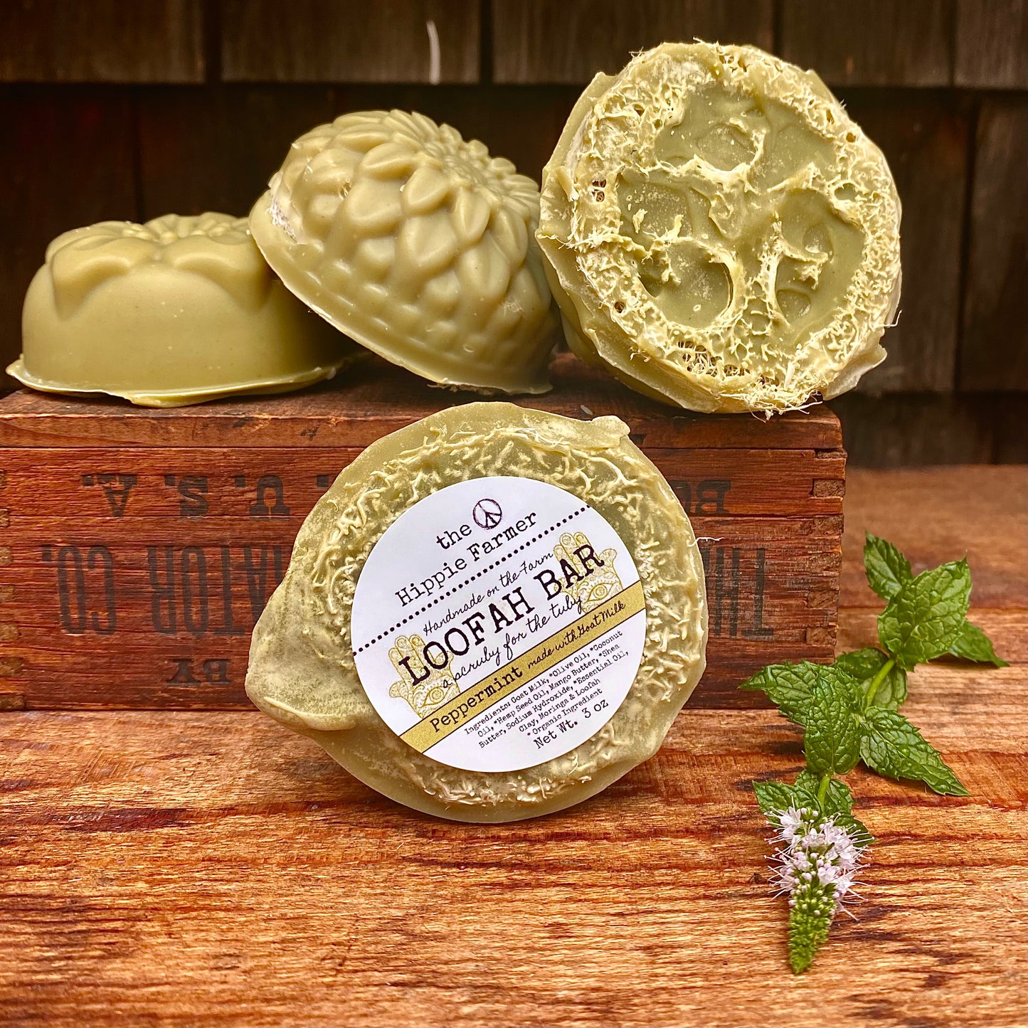 Goat Milk & Hemp Loofah Soap - Peppermint with Clay & Moringa - The Hippie Farmer