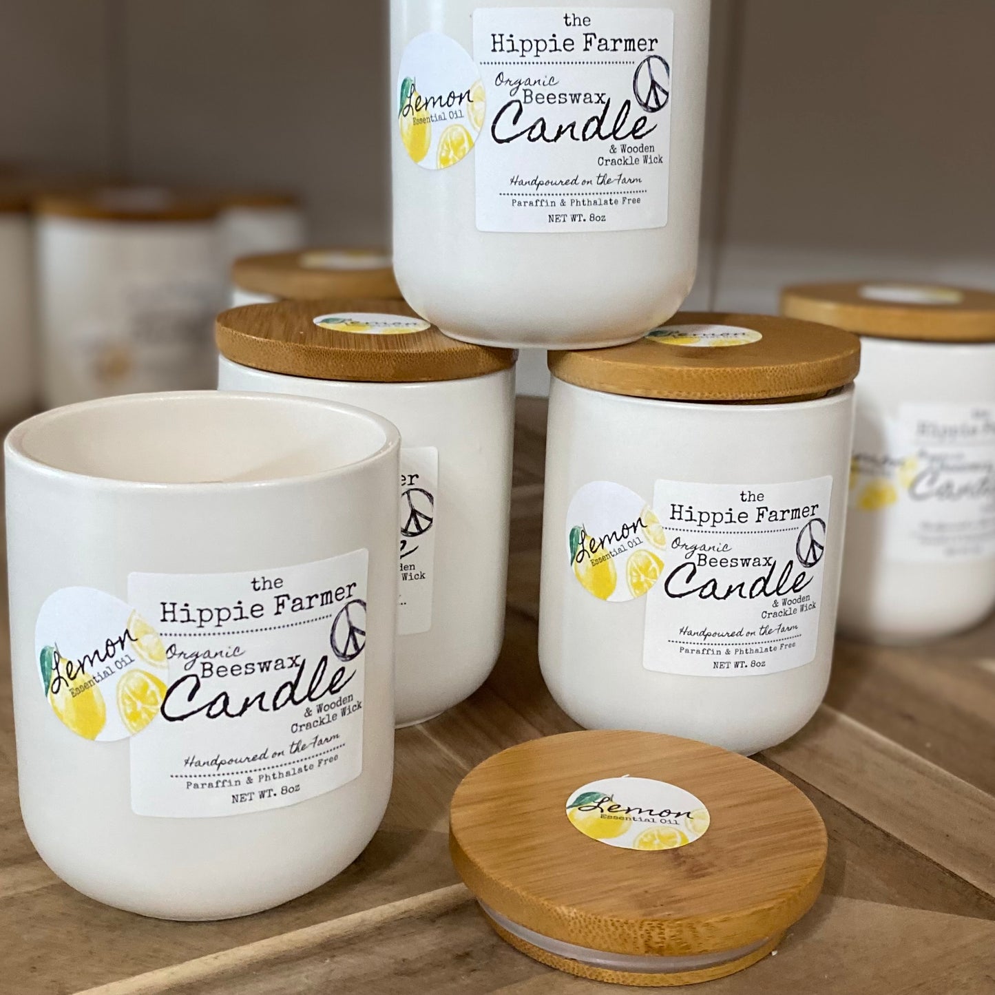 Organic Beeswax Candles with Wooden Crackle Wick - Lemon Essential Oil - The Hippie Farmer
