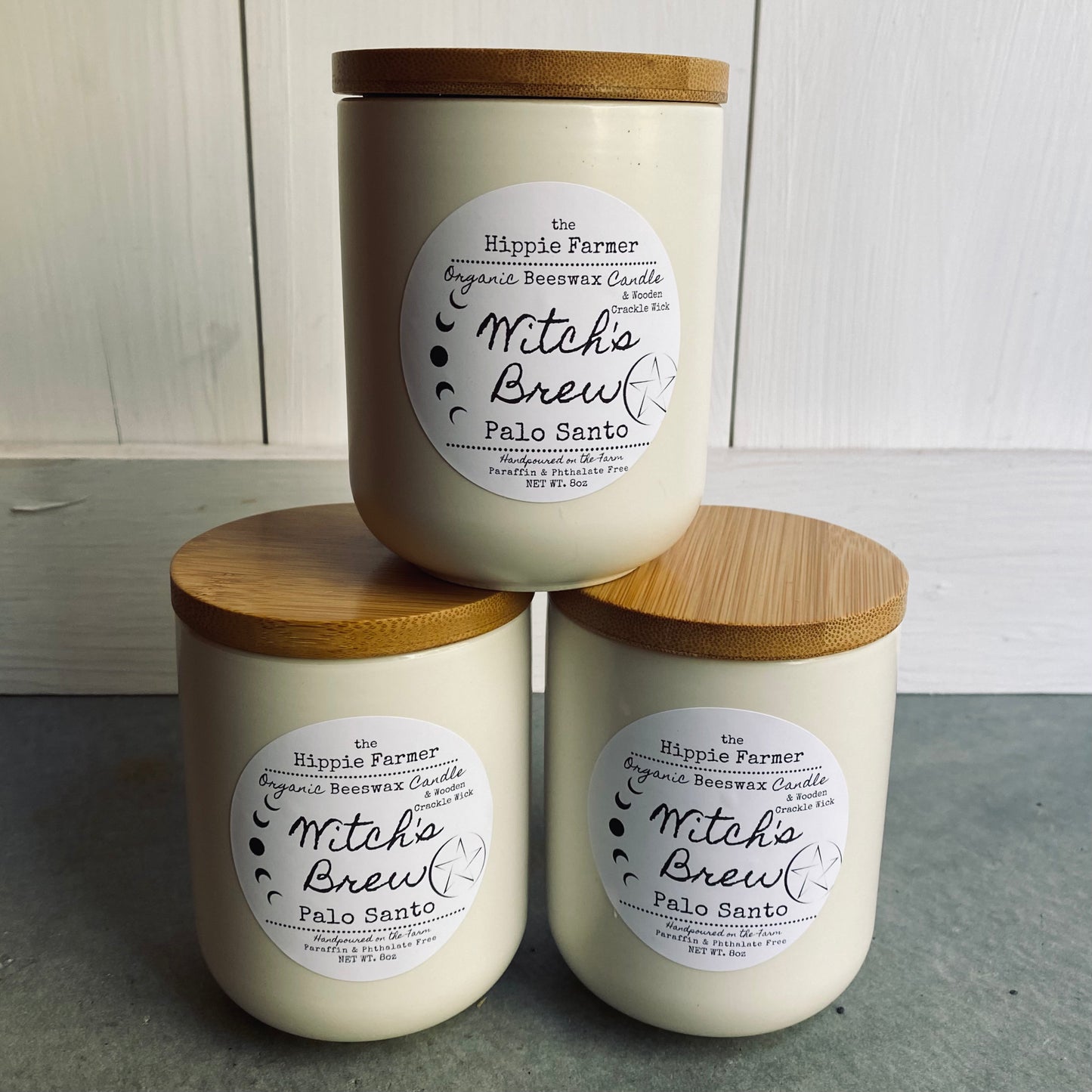 Organic Beeswax Candles with Wooden Crackle Wick - Witch’s Brew (Palo Santo) - The Hippie Farmer