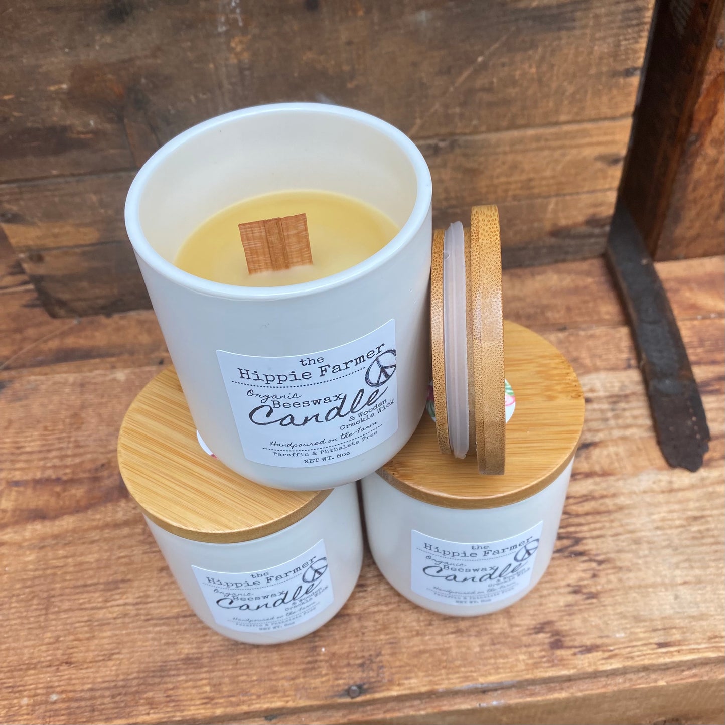 Organic Beeswax Candles with Wooden Crackle Wick - Unscented - The Hippie Farmer