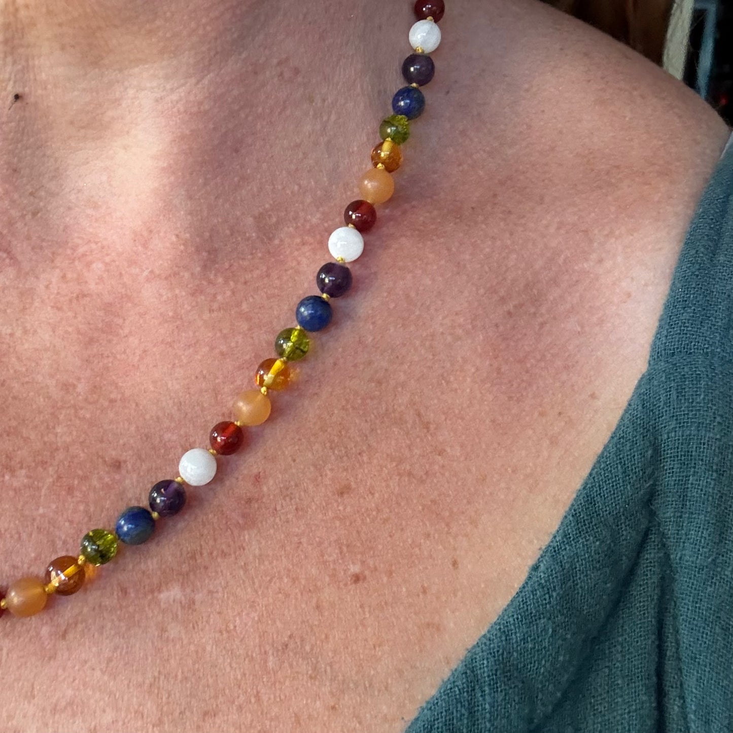 Rainbow Chakra Polished Honey Amber with Moonstone Necklace - 12.5”, 16” or 19”