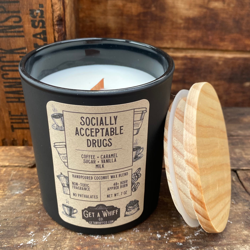 SOCIALLY ACCEPTABLE DRUGS - Hand-poured coconut wax blend (Non toxic) Candle - Net Wt 7 oz - by Get A Whiff Co.