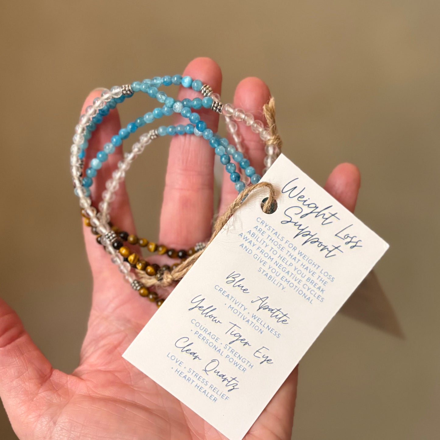 Crystals for Weight Loss Support - Blue Agate, Yellow Tigers Eye & Clear Quartz - size 7.5 Bracelet