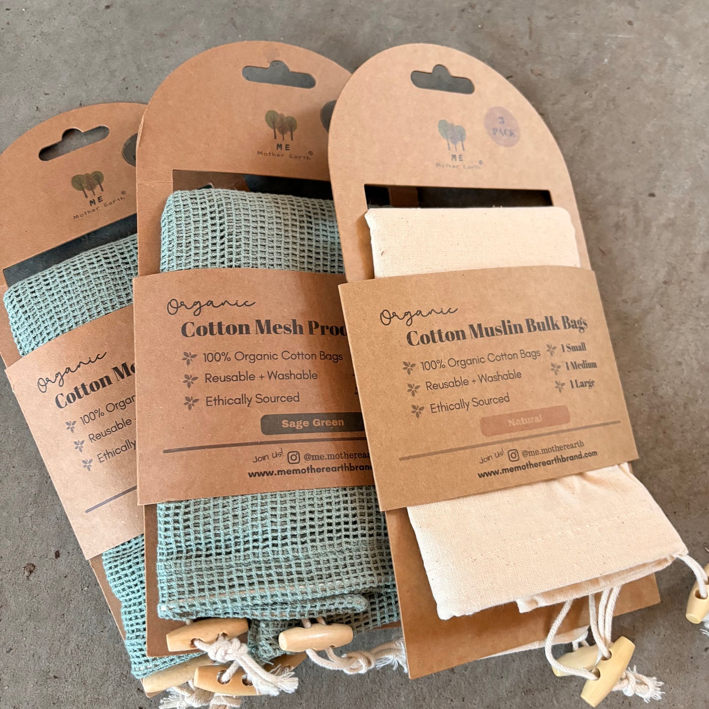 Cotton Bulk &  Produce Bags - 3 Pack (Small, Medium, Large) Mesh or Muslin by Mother Earth