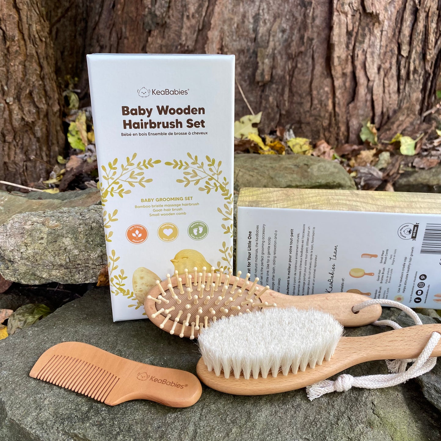 Baby Wooden Hairbrush - Walnut Wood & Goat Hair - Single brush or 3 Piece Set - by KeaBabies