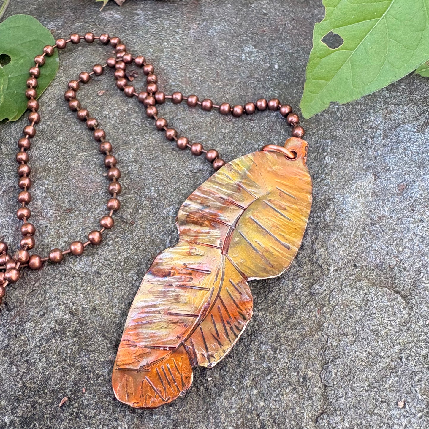Feather Necklace | Fire Painted Copper by Warm Rainy Day Jewelry