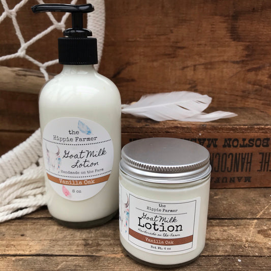 Goat Milk Lotion - Vanilla Oak - 8oz Pump Bottle or 4oz Jar - The Hippie Farmer