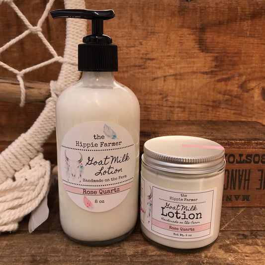 Goat Milk Lotion - Rose Quartz - 8oz Glass Pump Bottle or 4oz Jar - The Hippie Farmer