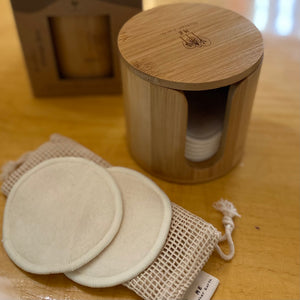 Bamboo Storage Box for Reusable Cotton Rounds - 10 Hemp Cotton Rounds + Mesh Laundry Bag + Storage Box - The Hippie Farmer