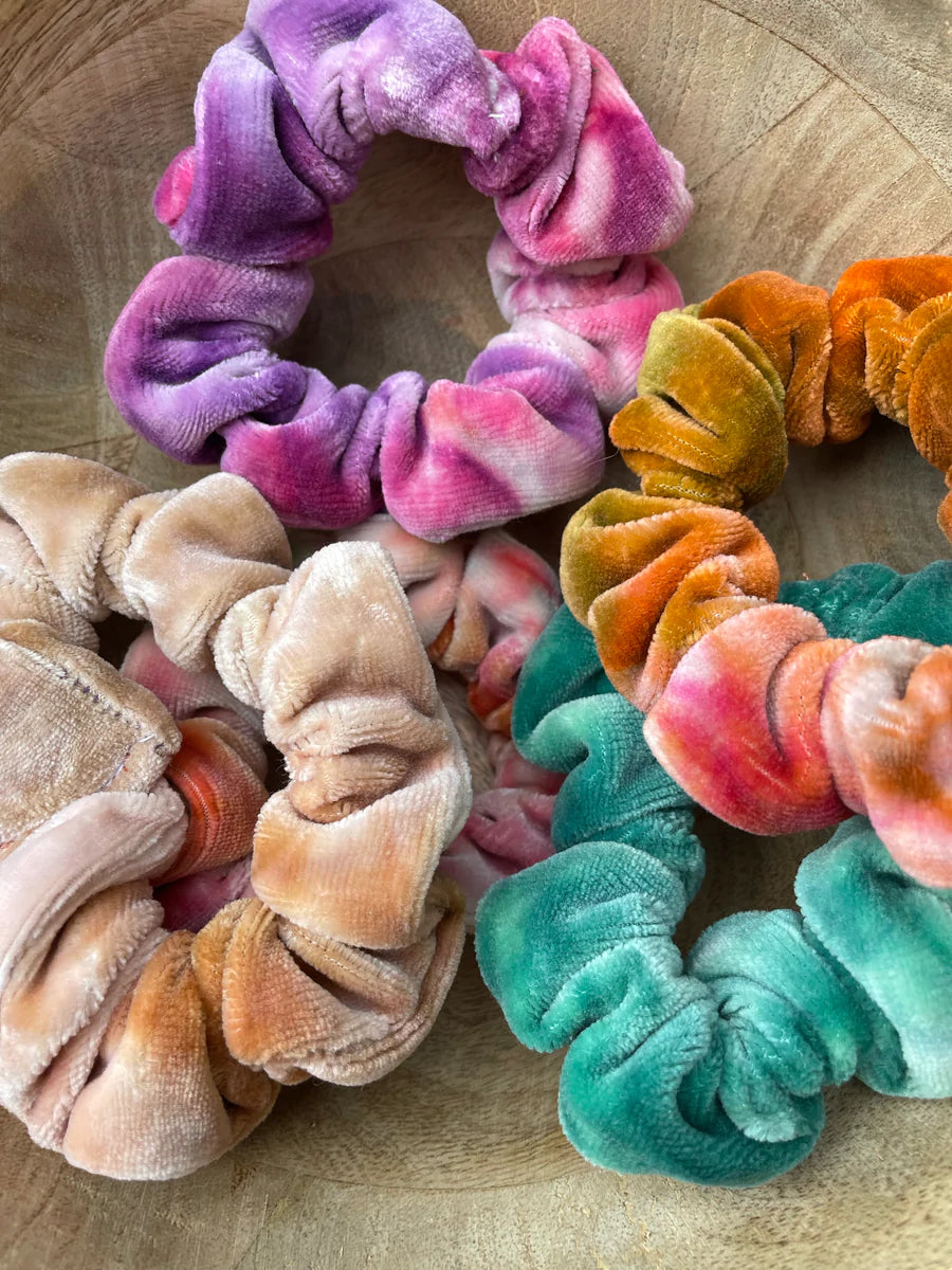 Scrunchies, hand dyed organic bamboo velour by Rainbow Waters - The Hippie Farmer