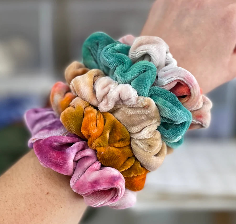 Scrunchies, hand dyed organic bamboo velour by Rainbow Waters - The Hippie Farmer