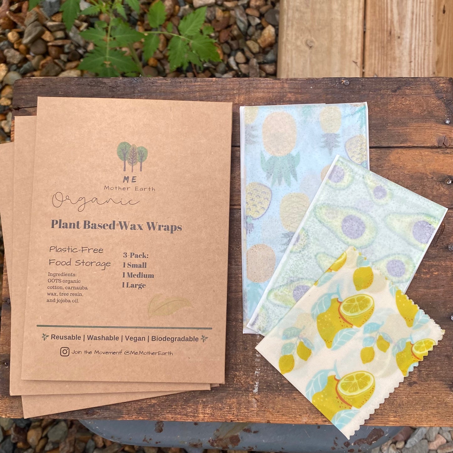 Plant Based Wax Wraps - Plastic FREE Food Storage - 3 pack - by Mother Earth ME - The Hippie Farmer