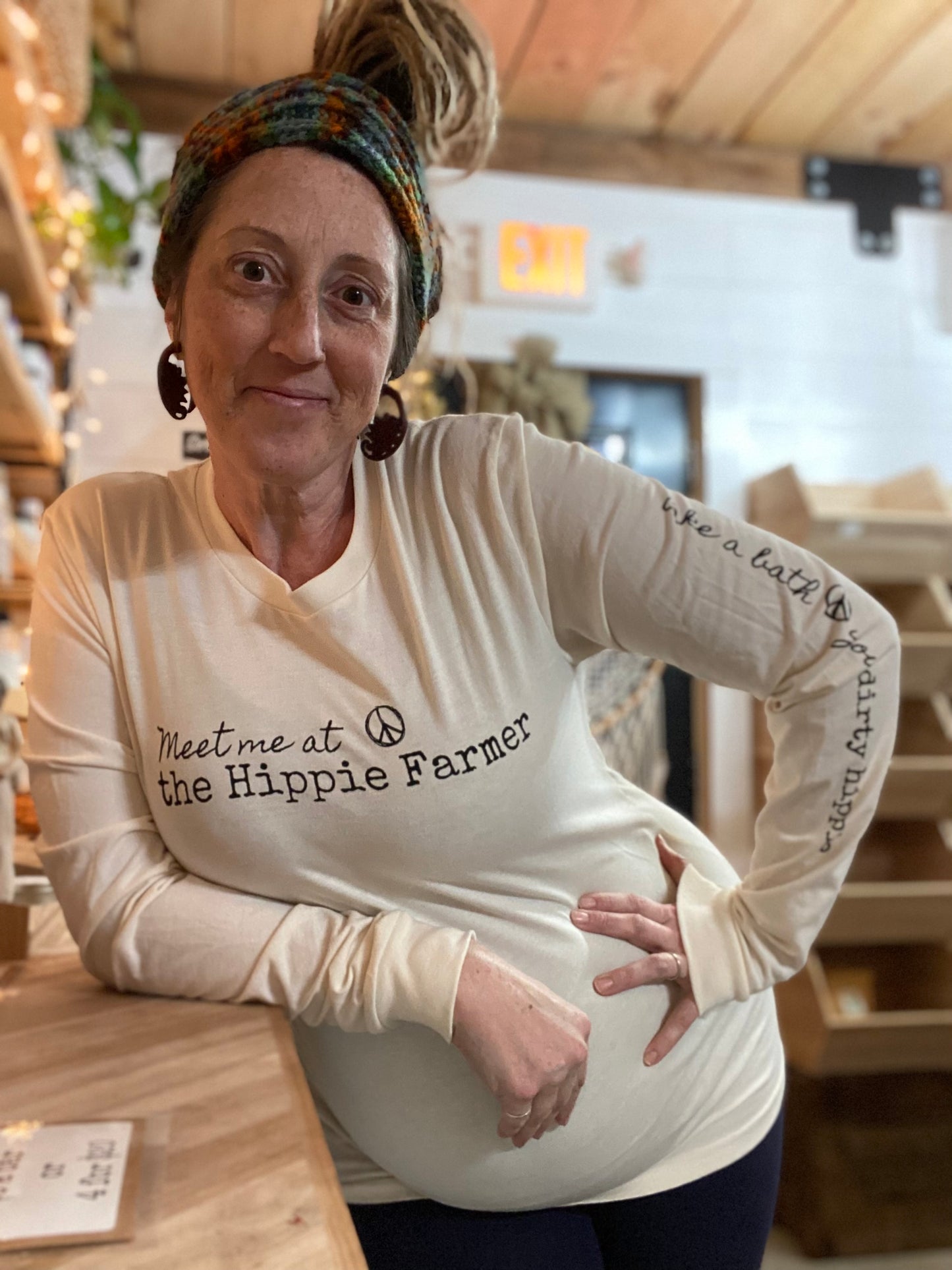 Organic Cotton Long Sleeve Shirt - Eco Ink Print - “Meet me @ the Hippie Farmer” / “Take a bath you dirty hippie” - Sizes Small to XXXL - The Hippie Farmer